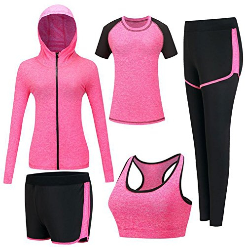 ZETIY Damen Traingsanzug Yoga Kleidung Anzug 5er-Set Sportanzüge Jogginganzug Gym Fitness Kleidung Laufbekleidung Sportswear Sport Yoga Outfit Damen BH Leggings Set - Rose Rot - XL