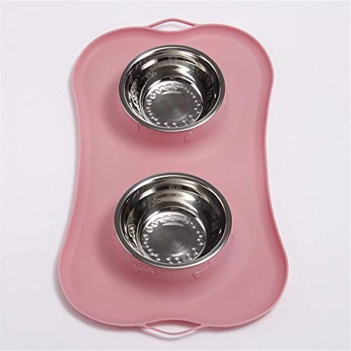 TuToy Stainless Steel Dog Cat Bowl Non Spill Silicone Mat Pet Water Food Dish Feeder - rosa