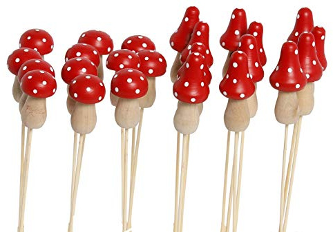 ETC fröhlicher Dekostecker Pick Fliegenpilz Glückspilz am Stab Holz in rot mit weißen Punkten (6)