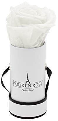 PARIS EN ROSE Rosenbox | mit einer weißen Infinity Rosen Größe XL | konservierte ewige Rose | runde Weiß-Schwarze Box |3 Jahre haltbar | Grußkarte