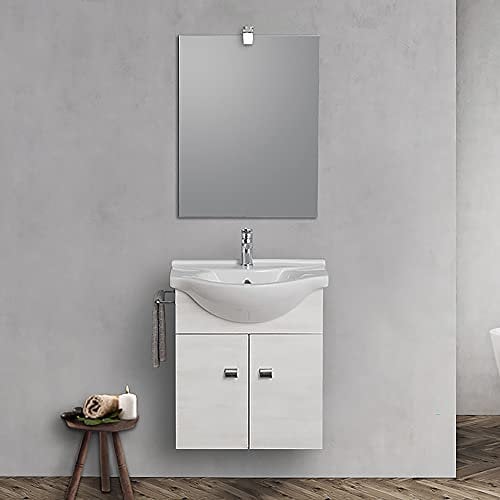 Mobile Bagno sospeso 55 cm Salvaspazio Compatto, Include lavabo in Ceramica Specchio e Lampada LED (Rovere Bianco)
