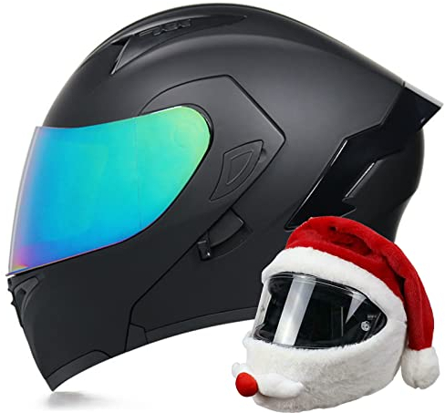 DOPORA Modularer Motorradhelm Flip-Type Doppel-Sonnenblende Integralhelm ECE-zertifizierter Helm für Erwachsene Männer und Frauen mit farbigen Gläsern Crash-Helm mit Weihnachtsmütze,5,L