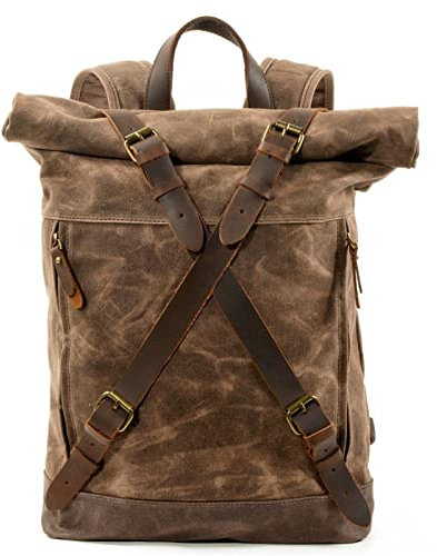 Laptoptasche Rucksack Herren Arbeit Schulrucksack, Mens Waxed Canvas Rucksack Leder Rucksack Reisen Daypack Vintage-Knapsack Bookbag mit Laptop-Fach Große Wasserdicht für Business/Schule/Reisen/Frauen