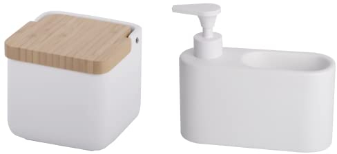 KOOK TIME Set de Accesorios Cocina - Incluye salero de Cocina con Tapa basculante de bambú y dispensador jabon Cocina con Hueco Guarda estropajos para el Fregadero - Cerámica Blanca Mate y bambú