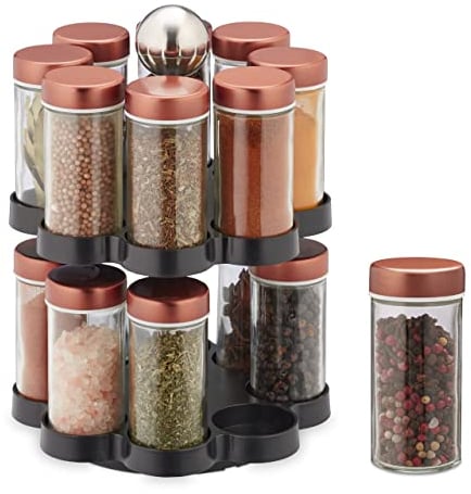 Relaxdays Portaspezie da Cucina Girevole a 360°, 16 Barattoli in Vetro, Organizer HxD: 26x17 cm, Acciaio Inox, Rame Nero