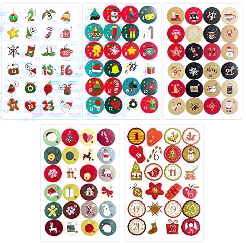 Christmas Advent Calendar Stickers, 5 Sheets 1-24 Advent Calendar Number Sticker for Christmas, X-mas Decorations for Party Favors DIY Crafts Baking Labels A3SDSZTZ