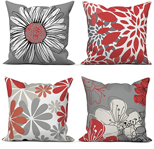 ASDCXZ Rot Kissenbezug 50x50 cm 4er Set, Nordeuropa Modern Blumen Rot Grau Sofa Dekokissen Kissenbezüge Kissenhülle Waschbar Polyester Leinen Textil Polster Kopfkissenbezug Kissen Bezug