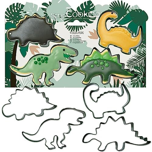 ScrapCooking - 4 Emporte-Pièces Dinosaures - Découpoirs à Biscuits en Métal - Moules Dinos pour Petits Gâteaux - Accessoires Pâtisserie Anniversaire Déco Jungle Animaux - 2085