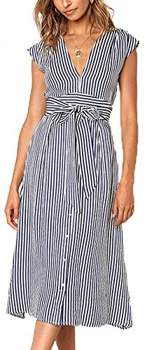 Damen Sommerkleid V-Ausschnitt Gestreift Kleid Ärmellos Midikleid Casual Swing Strandkleid mit Knöpfen(Gestreiftes Marineblau,XL)