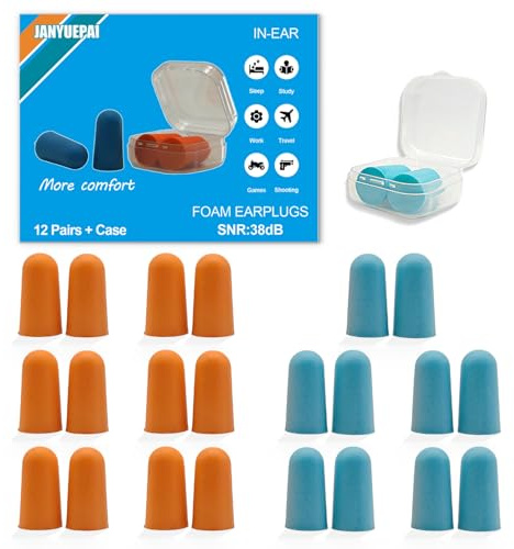 12 Pairs Foam Ear Plugs, 38dB SNR Noise Cancelling, Transparent Case, Blue & Orange Earplugs for Sleep, Travel, Work & Concerts
