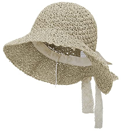 FakeFace Faltbar Strohhut mit Spitzen-Schleife Damen Sonnenhut UV Schutz Gartenhut Panama Hut Atmungsaktiv Beach Sommerhut für Wandern Reise Urlaub (Hellbeige)