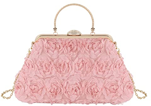 MilyaDE Damen Clutch Blumen Elegante Brauttasche Hochzeit Party Kleidertasche Abendtasche Handtasche mit Kette Handgriff Kiss Lock, Rosa