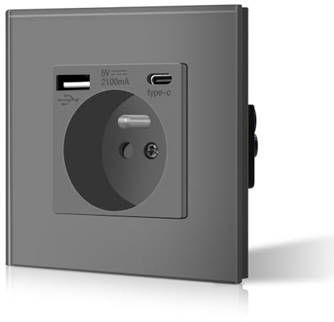 BSEED Prise Murale avec USB et Type C, Prise de courant en Verre avec USB 2.1A courant 16 Amp 240V 86mm Gris