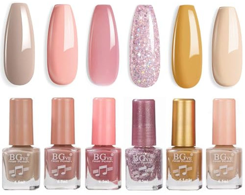 Nude Nail Polish Set - Glitter Nail Varnish Sets - Quick Dry & Long Lasting Pink Glitter 6 Colors Nail Varnish Set - No Need UV Nail Polish Kit Christmas Gifts for Women Girl
