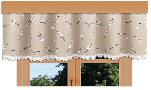 kollektion MT Querbehang Ilma Möwe mit Vogtländischer Spitze – hochwertige Landhaus-Gardine in Natur | maritimer Baumwollstoff Blickdicht | Volant mit Reihband Höhe x Breite 30 x 160 cm
