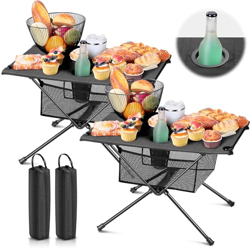 Beeveer Campingtisch, faltbar, tragbar, klein, Strandtisch, zusammenklappbar, Picknicktisch mit 2 Getränkehaltern und Tragetasche, für Outdoor, Camping, Reisen, Angeln, Wandern, 2 Stück