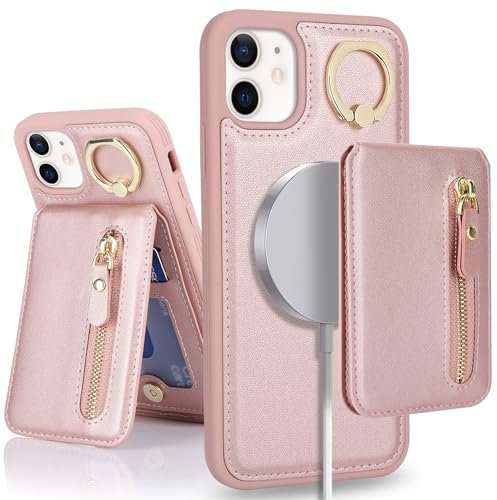 SailorTech iPhone 12 Phone Case with Card Holder, iPhone 12 Pro Case Magsafe Ring Stand with Kickstand Card Slots Wallet Detachable 2-in-1 Zipper Case - Pink