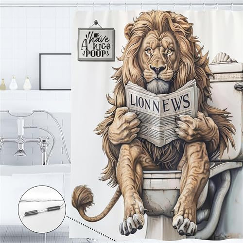 Phonily Lustiger Löwen-Badezimmer-Duschvorhang, Löwe, Zeitung auf WC, Duschvorhänge, 183 x 183 cm (B x L), wasserdichter Duschvorhang für das Badezimmer mit 12 Haken