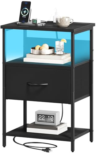 Somdot Bedside Table with Charging Station and LED Light, Bedroom Bedside Cabinet with 2 Outlets and 2 USB Ports, Nightstand Side Table End Table for Dorm Kids Room Closet, Black