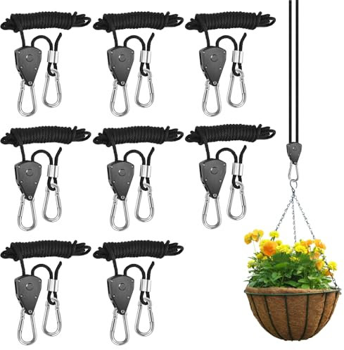 URAQT 8 Pezzi Cricchetto per Corda 2.4 M, Corda Cricchetto con Gancio 1/8 con 8 Moschettone di Ricambio, Cricchetto a Corda Regolabile per Lampada da Pianta, Tenda, Escursioni, Contiene 150 Libbre
