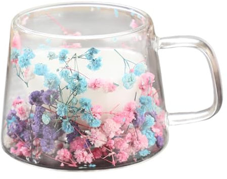 Tazas de café con flores de 250 ml, tazas de café decorativas | tazas transparentes con diseño de flores, tazas de café de cristal de doble pared con flores secas, tazas de café aisladas de vidrio