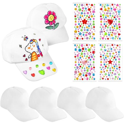 LoNinLoAn Graffiti Kappe Bastelset 6 Stück DIY Kappe Weiß Kinder Bemalen DIY Baseballcap Anstrich Hut Mütze Kinder Baseballmütze mit 4 Pcs Edelstein Aufklebern