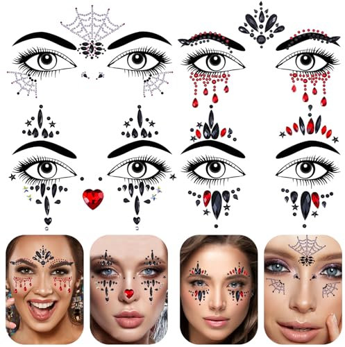GEEHUA 4 Bögen Halloween Gesichtssteine ​​zum Aufkleben, selbstklebende Gesichtsjuwelen mit Strasssteinen Aufkleber Augen Körper temporäre Tattoos für Halloween Festivals Karnevalspartys