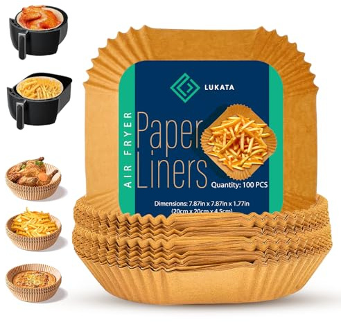 LUKATA Air Fryer Liners 100 Pcs - 20cm Square Heavy Duty Oil Proof & Non-Stick - Heat Resistant Disposable Parchment - Perfect for Baking Roasting & Cooking