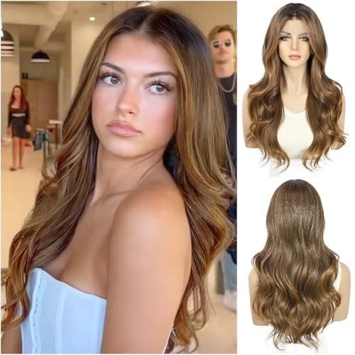 Sapphirewigs Braun Perücke Lace Front 13x4 Highlights Synthetische Perücken Körper Welle Braune Lace Front Haare Vorgezupft Tägliche Wear Party Date Weihnachten 22 inch