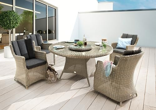 Destiny Sitzgruppe Luna 4 Sessel + Tisch Ø150x75cm, Polyrattan, Natur meliert