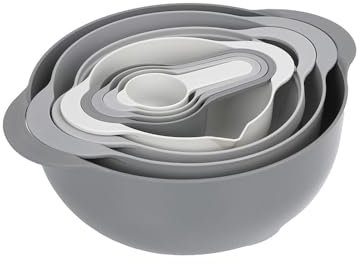 Michelino Rührschüssel-Set Tom 8-teilig - 4,5 L, 2 L, 1,8 L, 500 ml & 4 Messlöffel - BPA-freier Kunststoff in Grautönen - Robustes Back- & Küchenset - Praktisch & stilvoll für Backen & Kochen