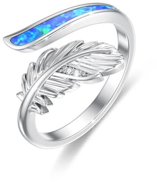 ABIGY Feder Ring 925 Sterling Silber Blauer Opal Feder Ring Verstellbar für Damen Verstellbarer Ring Weihnachten Halloween Ostern Muttertag Valentinstag Geburtstag Schmuck Geschenke für Damen