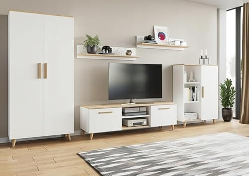 MATKAM Wohnzimmermöbel-Set Nord, 5-teilig: TV-Kommode, Wohnzimmerkommode, Schrank, 2 Hängeregale, Hochwertige Materialien (Weiß-Artisan Eiche)