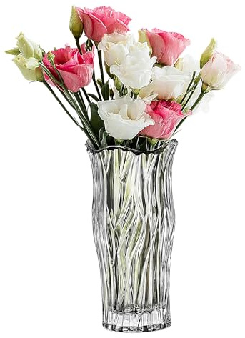 Glasvase 23cm Hoch,Modern Blumenvase Glas,Gerippte Vase Transparent,Deco für Pampasgras, Tulpen und Trockenblumen,Kleine Vasen Deko für Tischdeko，Stil B