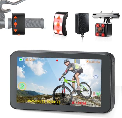 VSYSTO Bike Mirror, WiFi Bicycle Rear View Camera with Sunshade, Auto Power on/Off, 4.5'' HD 1080P Monitor with Infrared Night Vision Lens, GPS, Multifunctional Wired Controller, Calories Display
