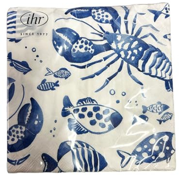 IHR Maritime Servietten, Hummer und Fische Design, 33x33 cm, 3-lagig, 20 Stück, Blau-Weiß, Nordischer Stil, Ideal für Themenpartys