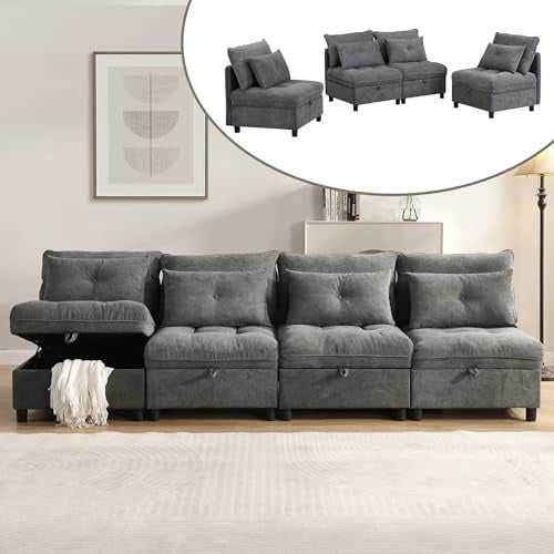 dowowdo Modulares 4-Sitzer Sofa | Schlaffunktion & Stauraum, Chenille Stoff, Frei Kombinierbar (Ecksofa/Sofabett), Wohnlandschaft, Grau