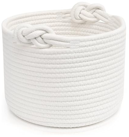 Woven Rope Storage Basket, Cotton Toy Storage Basket with Handle, Baby Laundry Basket Small Laundry Basket Blanket Basket White Basket for Living Room Bedroom Office, 24×18cm