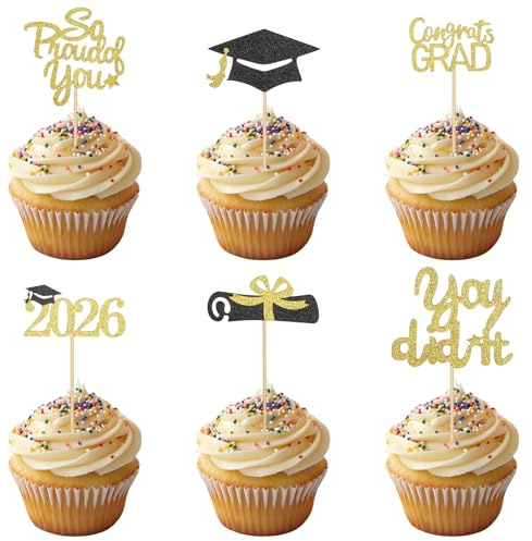 2026 Abschluss Tortendeko, 24 Stück, Schwarz Gold, So Proud of You | Graduation Deko, Glitzer, Cupcake Toppers, You Did It, für 2026 Abschlussparty, Prüfungserfolge