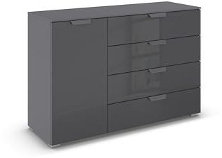 Rauch Möbel ADITIO, Kommode, Farbe Grau metallic/Glas Basalt, Breite 120 cm | Sideboard im modernen Look, 1-türig, 4 Schubladen, Glasfront, Soft-Close, für Schlafzimmer, Gästezimmer, Wohnzimmer, Flur