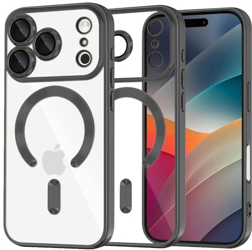 Techsuit für iPhone 17 Pro Max Hülle mit Kristallklarem Design, Magnetring Kompatibel, Erhöhte Kanten, Kameraschutz, Kabelloses Laden Kompatibel, Anti Kratzer, Luxury Crystal Magnetic Series, Schwarz