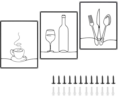Chihutown Modern Minimalist Metal Wall Art Set, 14 x 11 Inch Black Metal Wall Decor, Drawing Rustic Kitchen Line Art Housewarming Gifts for Coffee Shop Dinning Living Room Home Ornamental (Black)