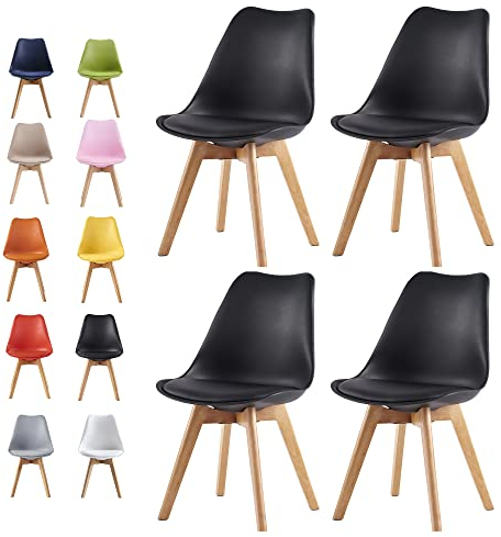 mcc direct Set of 4 Dining Chairs Wooden Legs Soft Cushion Pad Stylish DELUXE Retro Lounge Dining Office EVA (Black)