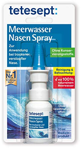tetesept Meerwasser Nasen Spray – Nasenspray bei Erkältung - Reinigung der verstopften Nase & natürliche Befeuchtung trockener Nasenschleimhäute – 1 x 20 ml