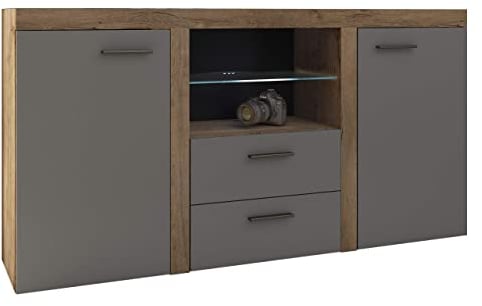 Mirjan24 Kommode Rango mit Glasboden, Highboard Sideboard, Anrichte, Naturtöne, Mehrzweckschrank, Wohnzimmerschrank, Anrichte, Schrank (mit Beleuchtung, Lefkas Eiche/Graphit)