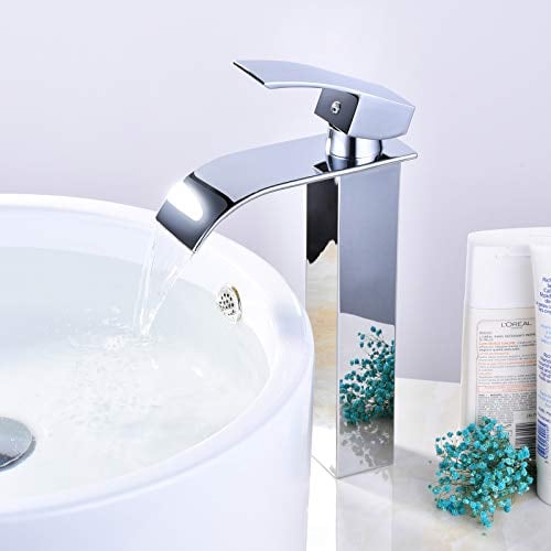 Tall Waterfall Bathroom Sink Faucet, Brass Flat Mouth Waterfall Basin Mixer Tap Single Lever Mixer Faucet for Cloakroom Basin Sink, Chrome Finish