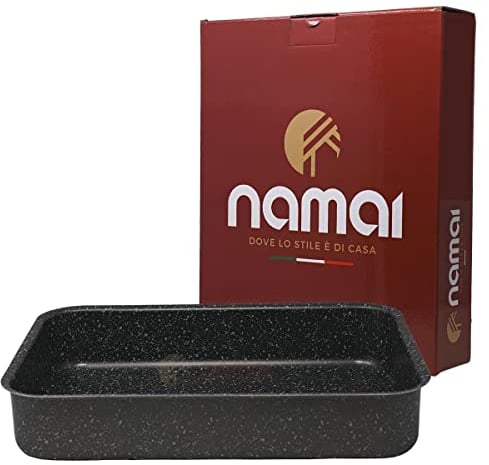 NAMAI Bandeja para horno rectangular de 25 x 35 cm – Lasañera antiadherente – Apto para lavavajillas – Aluminio – Bandeja para horno – Diseño efecto piedra (25 x 35 cm)