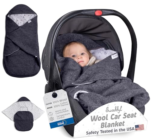 Swaddyl WOLLWALK Einschlagdecke Babyschale - Baby Fußsack - Maxi-Cosi Decke - Einschlagdecken für Kinderwagen - Neugeborene bis 11 Monaten aus 100% Woll (Dunkelgrau)
