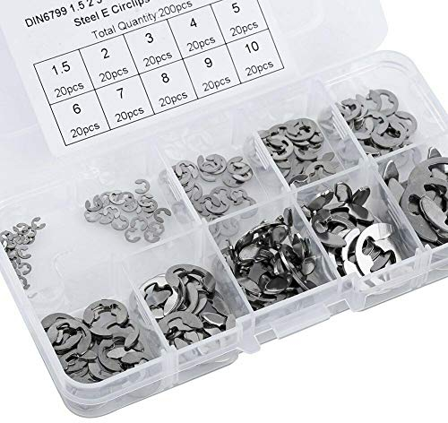 Sicherungsring-Set aus Edelstahl 304, 10 Größen, 1,5/2/3/4/5/6/7/8/9/10 mm, mit Kunststoffbox, 200 Stück