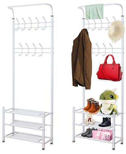 T-LoVendo Zapatero y Perchero de pie Entrada o Recibidor Metálico. Estantería. 18 Ganchos y 3 Estantes. 180x65x30cm. Blanco